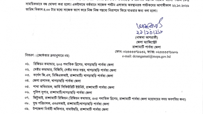 পরবর্তী নির্দেশ না দেয়া পর্যন্ত সাজেক পর্যটন কেন্দ্ৰ বন্ধ ঘোষণা করেছে রাঙামাটি জেলা প্রশাসন